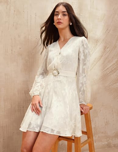 U.S. POLO ASSN. Women Abstract Printed Fit & Flare Dress with Belt (UWAW25DRS181_Beige_L)