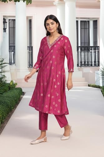 W for Woman Pink Ethnic Motifs Zari Embroidered A-Line Jacquard Kurta with Straight Pant and Dupatta Set (WS13239-314442-S)