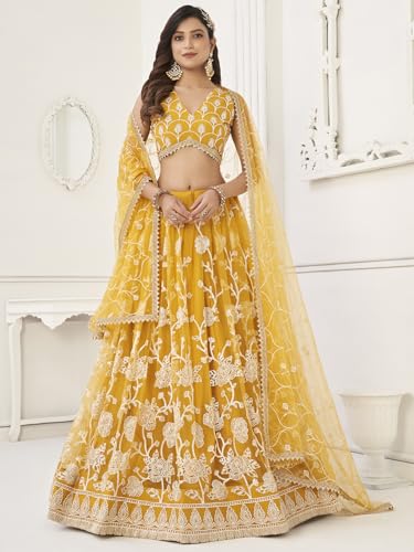 Zeel Clothing Women's Embroidered Soft Net Semi-Stitched Lehenga Choli With Dupatta (2122-Yellow-Wedding-Stylish-Latest; Free Size)