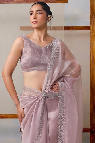 Soch Womens Silver Net Embellished Saree