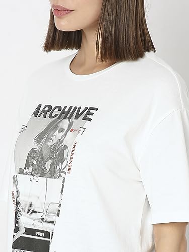 VERO MODA Women Graphic Print Cotton Drop Shoulder White T-Shirt
