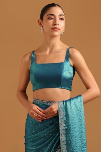 Soch Womens Turquoise Blue Fendy Organza Solid Embellished Swarovski Stone Detail Saree