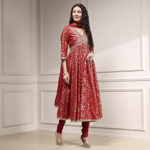 Biba Women's Red Cotton Anarkali Printed Suit Set