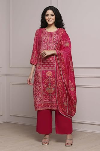 Biba Women Pink Viscose Rayon Straight Printed Suit Set_42