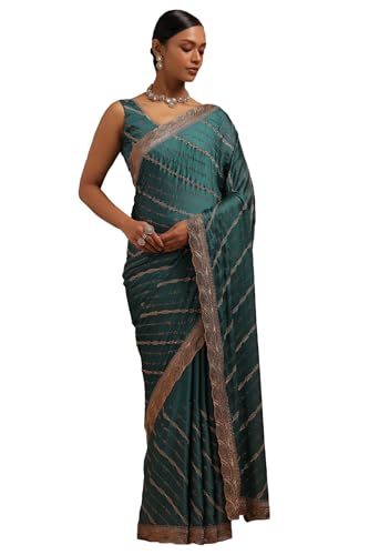 Soch Womens Turquoise Blue Fendy Chiffon Embellished Saree With Stone Work