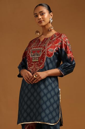 Soch Womens Blue Muslin Ethnic Motifs Co-Ords Set With Sequins