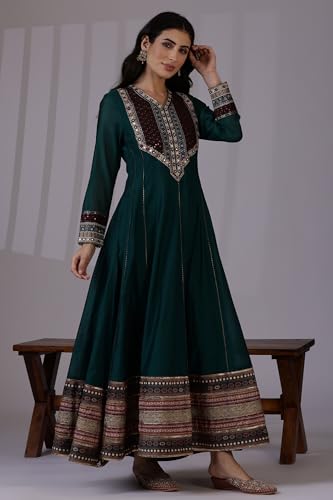 W for Woman Green Flared Chanderi Long Ethnic Dress with Thread Embroidery_24AUW11510-222093_3XL