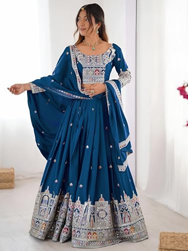 Zeel Clothing Women's Sequins Thread Embroidered French Crepe Lehenga Choli With Dupatta (5118-Dove-Blue-Women-Lehenga-Choli; Free size) (Dove Blue)