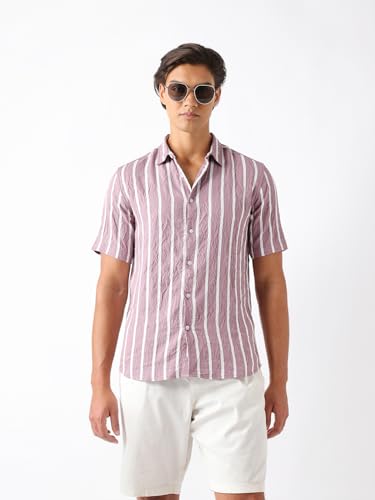 THE BEAR HOUSE Men Regular Fit Short Sleeve Striped Shirt Pink