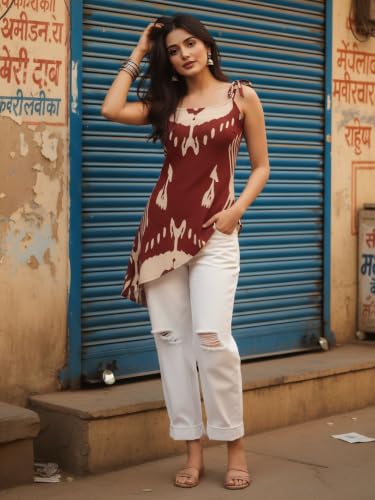 Dora Dori Women Viscose Rayon Ikkat Printed Kurti | Round Neck Sleeveless Asymmetric Hemline Corset Back Tie-Up Detailing | Maroon and Beige Short Kurti for Women | Casual, Office & Daily Ethnic Wear