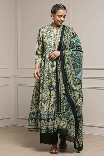 Biba Women Green Cotton Anarkali Printed Suit Set_36