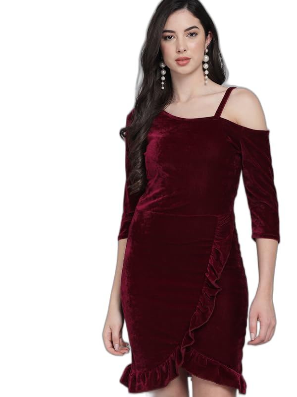 Vaararo Bodycon Party Dress for Women with Hemline Ruffles | One Shoulder Quarter Sleeves Shiny Velvet Outfit Wine X-Small