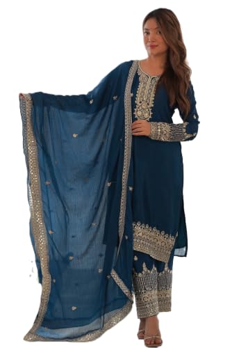 Leeli Peeri Designer Women's Chinon Silk Embroidery Work Straight Kurta Set With Dupatta.