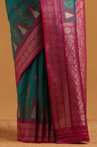 Soch Womens Teal Silk Blend Ikat Weave Zari Woven Saree