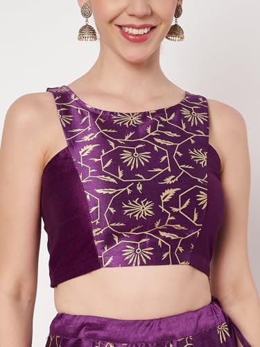 studio rasa Women's Dupion Block Printed Panelled Blouse for Festive Wedding Party (TPWC62554S_Purple_Small)