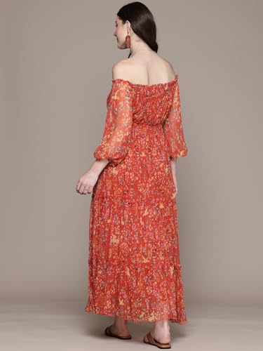 Label RITU KUMAR Off Shoulder Printed Long Dress Orange