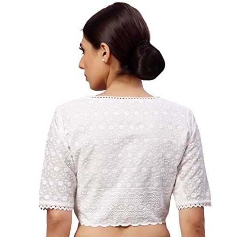 Studio Shringaar Women's Readymade Natural Cotton Elbow Length Sleeves Chikankari Saree Blouse (White, 50)