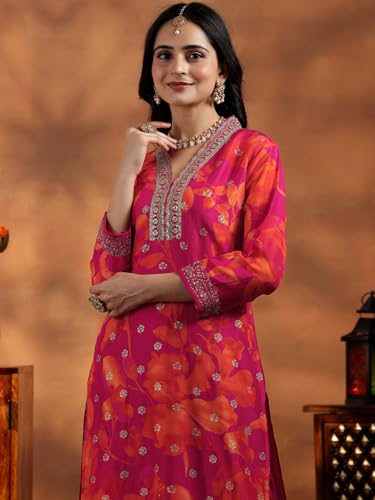 Libas Womens Printed Silk Blend Straight Kurta With Trousers and Dupatta