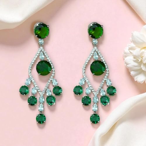 ACCESSHER Elegant Silver-Tone Multicolor Stone Drop Dangle Earrings | American Diamond Studded Lightweight Jewellery For Gift | Stylish Earrings For Women & Girls (Green)