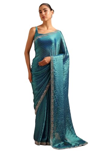 Soch Womens Turquoise Blue Fendy Organza Solid Embellished Swarovski Stone Detail Saree