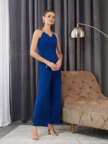 Miss Chase Womens V-Neck Sleeveless Solid Wrap/Straight Leg Regular Jumpsuit (MCAW19D08-48-229-03, Royal Blue, S)