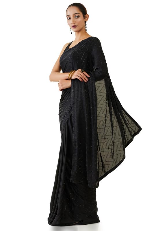 Soch Womens Black Chevron Stone Embellished Crepe Saree