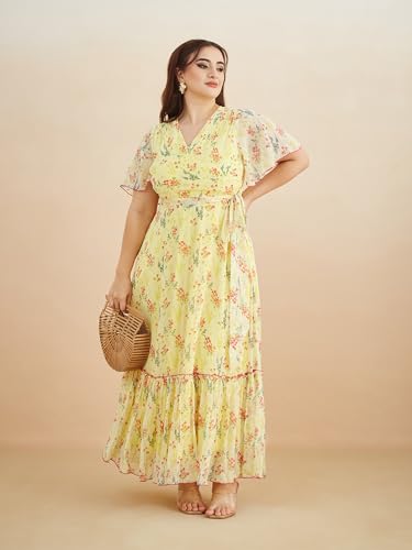 Miss Chase A+ Women's Bohemian V-Neck Flutter Sleeve Chiffon Relaxed Fit Wrap Maxi Dress (APAW24D94-14-PAC-09, Multicolored Base Marigold Yellow, 4XL)