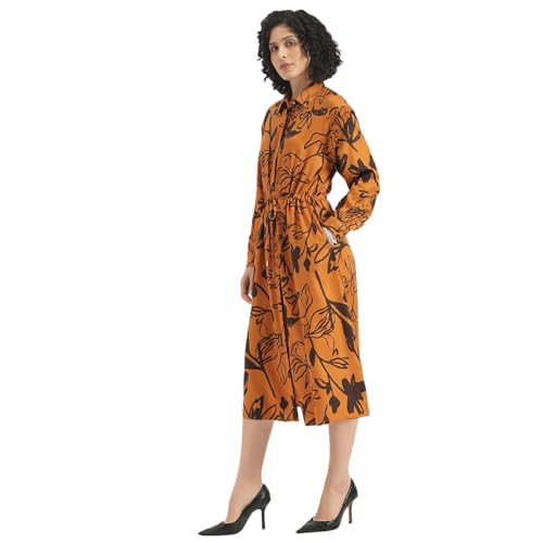 United Colors of Benetton Spread Collar Floral Stylised Long Shirt Dress (Size : XL)-25A4WVNDR202I902 Brown