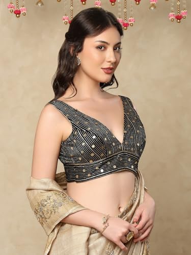 S SALWAR STUDIO Navy Blue Velvet Sleeveless Readymade Saree Blouse