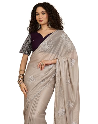 SIRIL Women's Embroidery, Lace Saree With Unstitched Blouse Piece(4961S702_Beige)