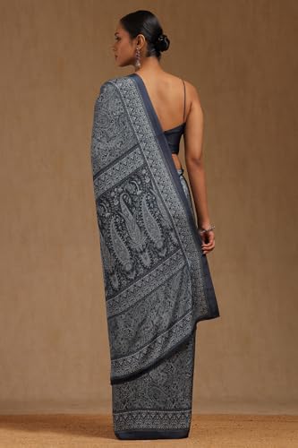 Soch Womens Navy Blue Crepe Ethnic Motifs Saree