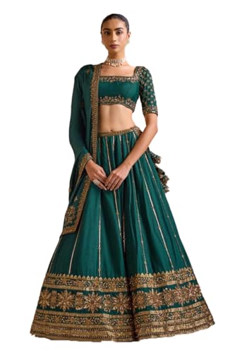 JIHU CULTURE Dark Green Vichitra Silk Sequence Embroidery Work Semi- Sttiched Lehenga Choli Set For Women's-JH254GRN