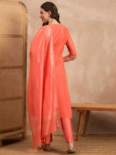 Rangavali Rust Embroidered Festive Anarkali Suit Set | Silk Chanderi Readymade Outfit Kurti, Pant & Dupatta for Women | Kurti Set for Ladies | 3 Pcs, L, 36