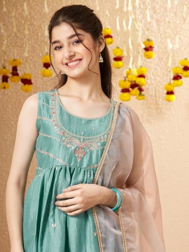 CURLY TALES ALPHA Embroidered Light Blue Kurti Sharara Set with Dupatta for Girls | Round Neck Ethnic Set for Birthday and Festive Parties