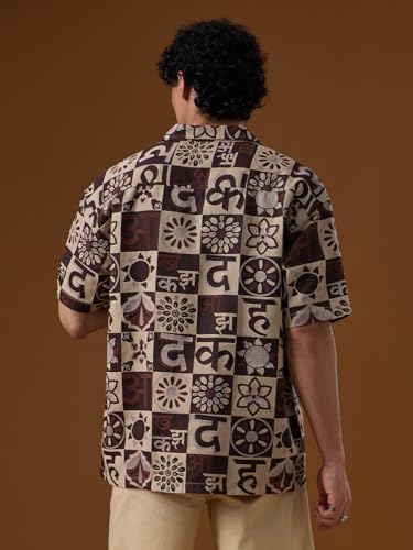 The Souled Store Nomad: Akshara Men and Boys Short Sleeve Cuban Collar Beige All Over Print Cotton Blend Casual Lightweight Easy to Style Trendy Oversized Shirt