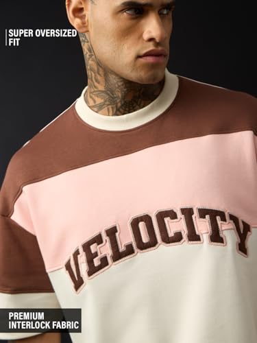 The Souled Store Colourblock T-Shirt: Rocky Road Men and Boys Short Sleeves Round Neck Brown Casual Lightweight Drop Shoulder Streetwear Trendy Super Oversized T-Shirts