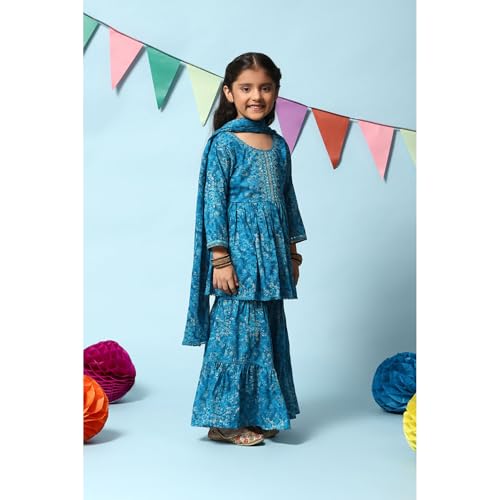 BIBA GIRL PRINTED FLARED KID(KW4948_TEAL BLUE_3)