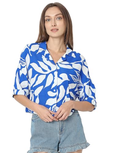 VERO MODA Women Abstract Print Blue Viscose Regular Fit Crop Shirt