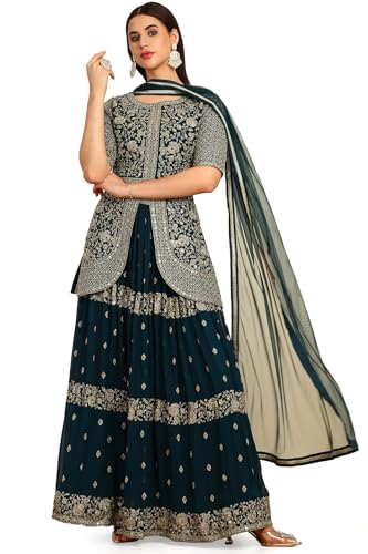 Soch Womens Teal Green Georgette Embroidered Lehenga Choli With Mirror Work