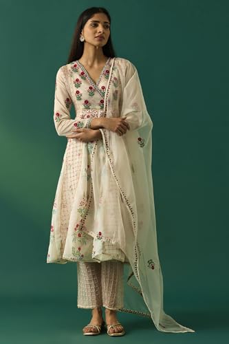 Wishful Women's Off-White Floral Embroidered Nylon Anarkali Kurta with Straight Pant and Dupatta Set - (SP12537-400316-XS)