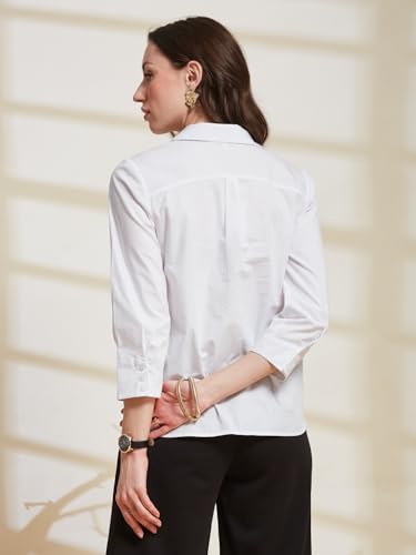 Latin Quarters Women's White Solid Spread Collar 3/4Th Sleeve Casual Shirt_XXL