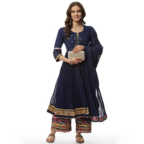 BIBA Women Cotton Solid Straight Salwar Kurta Dupatta(Skdassorted7670_Blue_32)