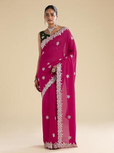 AKHILAM Women's Pink Vichitra Silk Floral Embellished Saree With Unstitched Blouse Piece (ANIKA2502_AG)