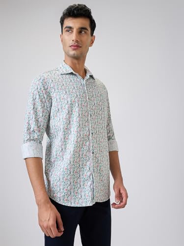 Colorplus Men Regular Fit Print Pattern Pure Cotton Plain Collar Full Sleeve Casual Shirt (Size: 2XL)-CJSS00739-B4 Blue