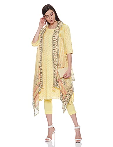 BIBA WOMEN PRINTED NARROW SALWAR KURTA DUPATTA(SKDSHRUG SE7378_LIGHT YELLOW_38)