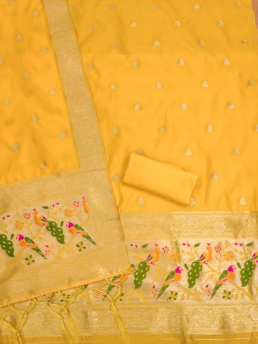 SHANTVAN GALLERY Pure Zari Banarasi Silk Suit Dress Material for Woman Parrot Design Banarasi Dress Materials for Women Unstitched Silk Top Bottom Dupatta Set for Functions and Traditional Styling