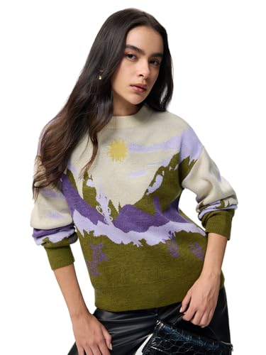 The Souled Store Lilac Sun Landscape Women and Girls Full Sleeves Round Neck Green Printed Acrylic Oversized Fit Lightweight Casual Pullover Sweater