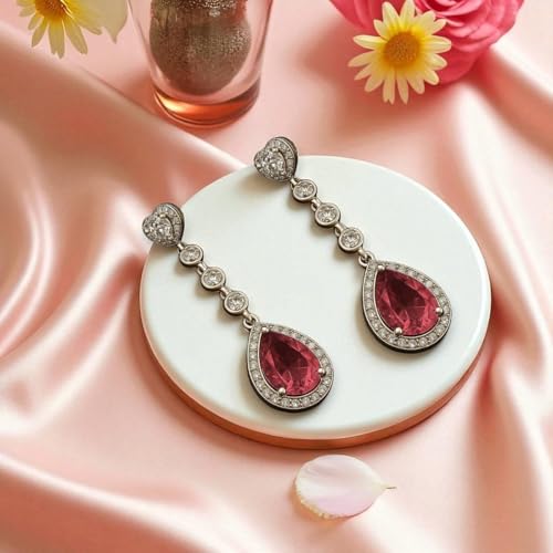 ACCESSHER Silver-Tone Teardrop Dangle Earrings Set | Studded American-Diamond Earrings with Heart-Shape | Lightweight Earrings for Girls and Women (Pink)