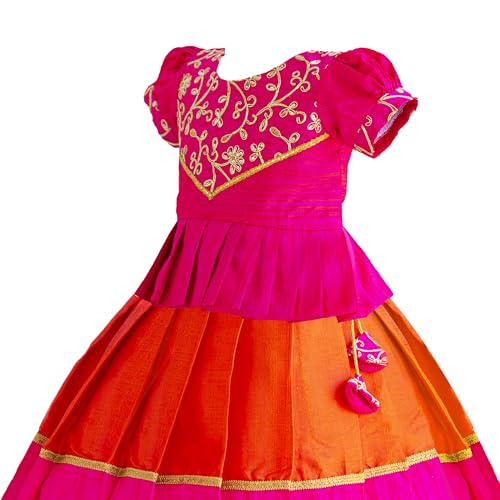 Stanwells Kids Orange & Pink Combo Flared Dress Puff Sleeves Readymade Hand Sequins Embroidery Ethnic Traditional Full Length South Indian Baby Girls Lehenga Choli (6–12 Months)