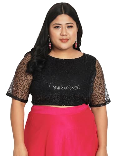 studio rasa Women's Plus Size Net Sequin Embroidered Sheer Sleeves Readymade Saree Blouse for Wedding Festive Party (TPWPC223PS15-5XL_BL_Black_5XL)